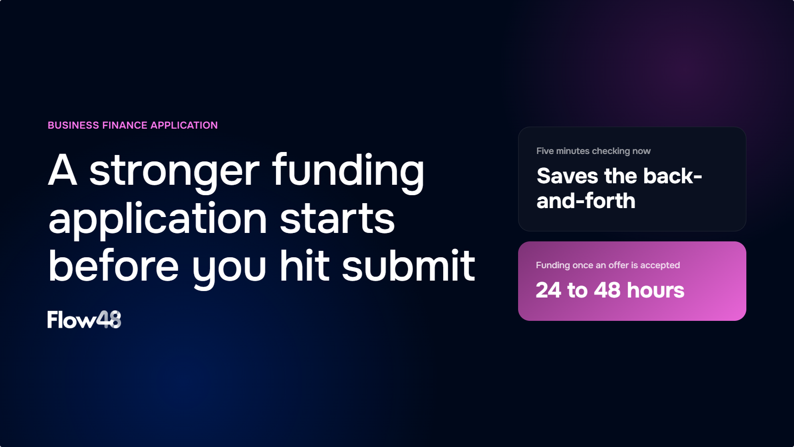 Flow48 graphic reading "A stronger funding application starts before you hit submit", with cards noting that five minutes checking now saves the back-and-forth and that funding follows in 24 to 48 hours once an offer is accepted